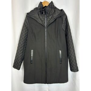 Michael Michael Kors Black Quilted Sleeve Hooded Mixed Media Coat Large‎